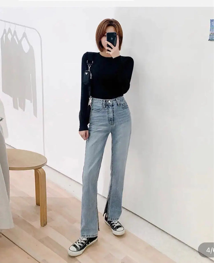 Ladies High Rise Straight Leg Jeans with Side Slit Mystorenews.shop
