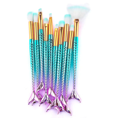 11-piece mermaid tail makeup brush set with gradient design, perfect for beauty enthusiasts and professionals.