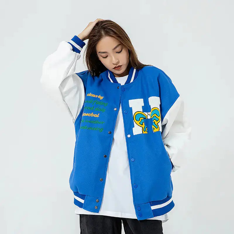 Embroidered Color Matching Couple Baseball Jacket Mystorenews.shop