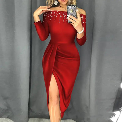 Off-Shoulder Bubble Beads Split Dress for Women