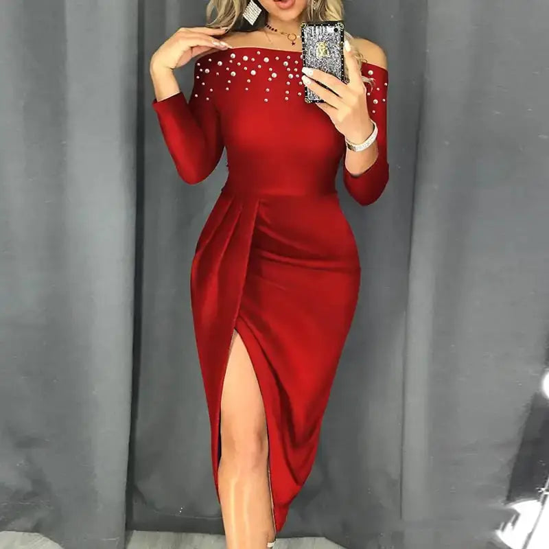 Off-Shoulder Bubble Beads Split Dress for Women Mystorenews.shop