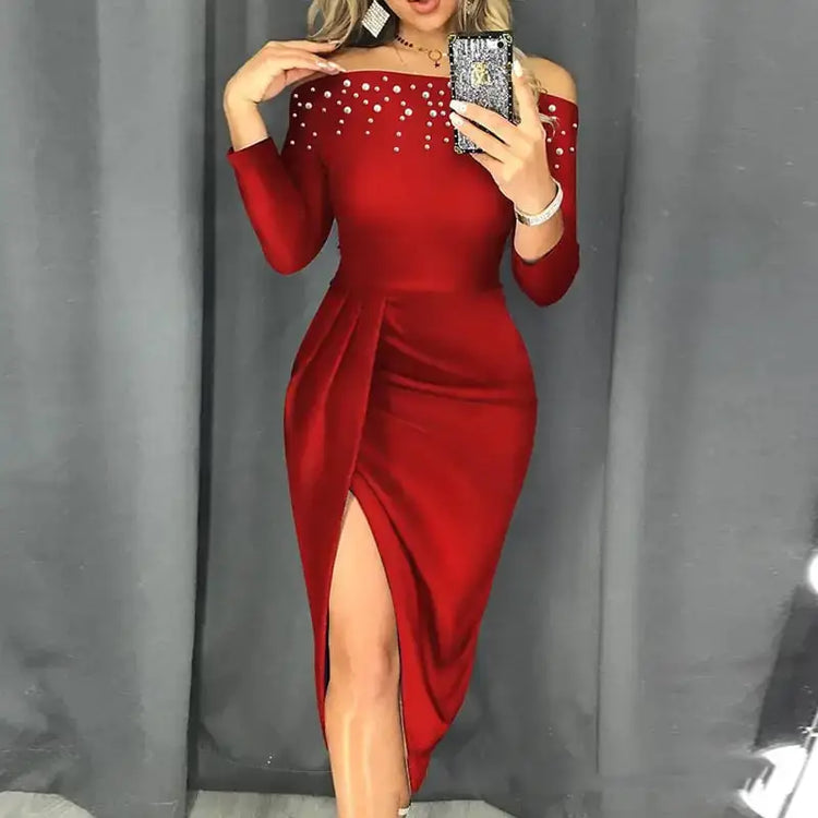 Off-Shoulder Bubble Beads Split Dress for Women Mystorenews.shop